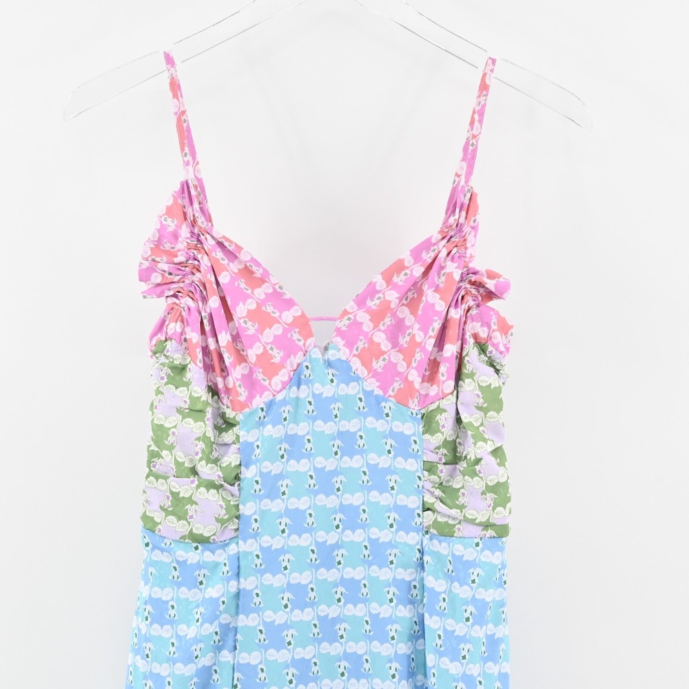 ENGLISH FACTORY Dress Sz S Pastels Floral Print Satin Sleeveless Midi Blue Pink - Picture 3 of 11